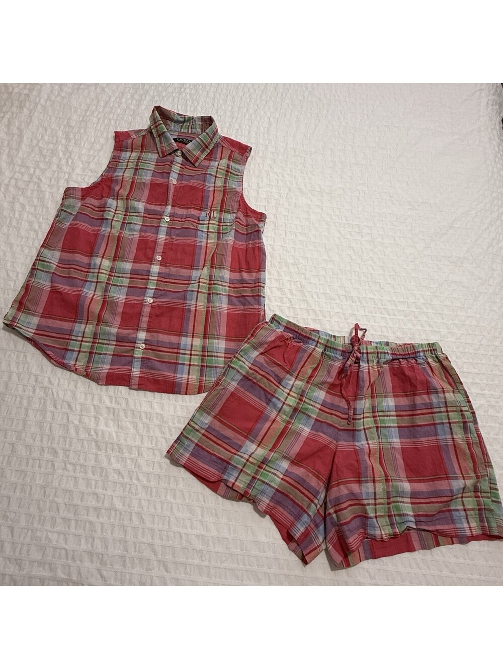 Lauren Ralph Lauren Plaid Multi Color Pajama Button Up Shirt & Shorts Set Medium